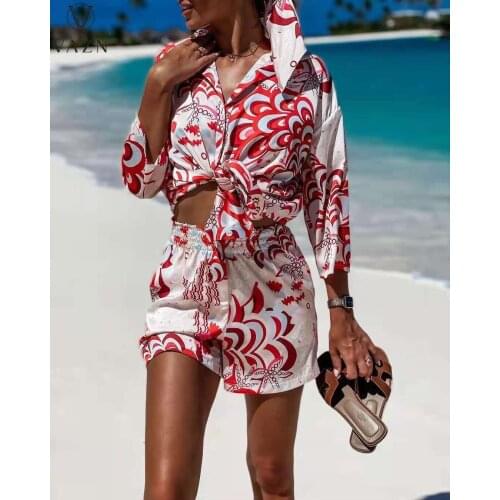 VAZN 2021 INS Summer Beach Boho Clothing Full Sleeve Floral Print Suits 2 Piece Set Women Top And Pant