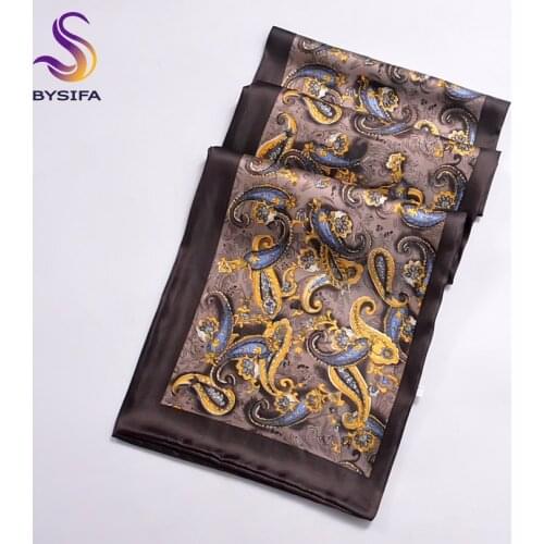 [BYSIFA] Winter Coffee Men Long Scarves Printed 2016 New Design 100% Pure Silk Scarf Autumn Winter Top Grade Silk Neck Scarves
