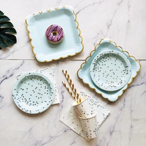 Gold Green Party Disposable Tableware Paper Straw Plates Cups Birthday Party Baby Shower Event Wedding Tableware Decor Supplies