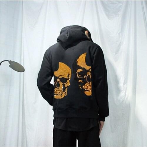 Autumn Mens Hoodie Oversized Thicken Warm Hoody Black White Pullover Hot Drill Skull Jacket Casual Street Hip Hop Winter 5XL