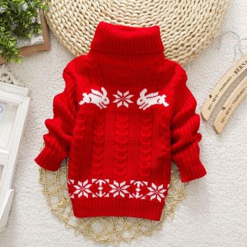 2T-8T Rabbit Snowflake Print Winter Boy Girl Kids Thick Knitted Bottoming Turtleneck Shirts High Collar Xmas Pullover Sweater