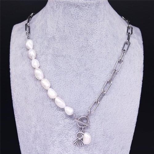 2021 Vacation Beach Shell Stainless Steel Freshwater Pearls Silver Color Statement Necklace Women Jewelry bijoux femme N3729S01