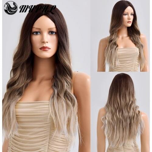 Womens Daily Brown To Blonde Long Natural Ombre Hair Synthetic Wigs For White Women Heat Resistant Cosplay Wavy Fiber Wig