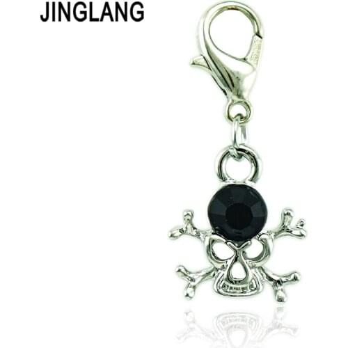 JINGLANG Silver Color Charms Dangle Black Crystal Skull Pendants With Lobster Clasp DIY Charm For Jewelry Making Accessories