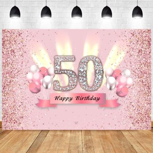 Pink 50th Backdrop Happy Birthday Party Lady Balloon Photography Background Adult Gilrs Golden Black Photographic Banner