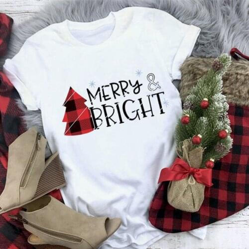 MERRY & BRIGHT women plaid tree print christmas tshirt women white clothes vogue short sleeve female casual T Shirt tops 2019