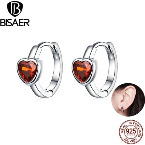 BISAER Romantic 925 Sterling Silver Red Love Heart Shape Women Earrings Small Heart Stud Earrings Fashion Jewelry Making EFE084
