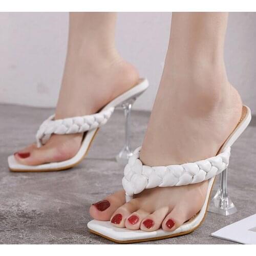2021 New Design Fashion Weave Women Slippers Transparent Strange High heels Ladies Mules Flip-flops Open Toe Shoes