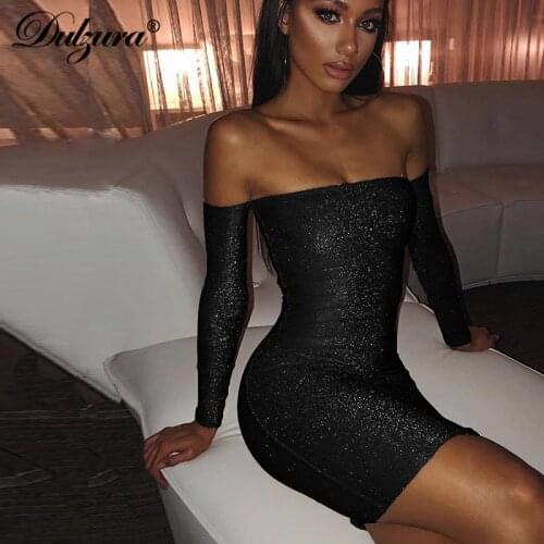 Dulzura glitter sparkle bling women mini dress long sleeve off shoulder elegant bodycon sexy 2019 autumn winter party clothes