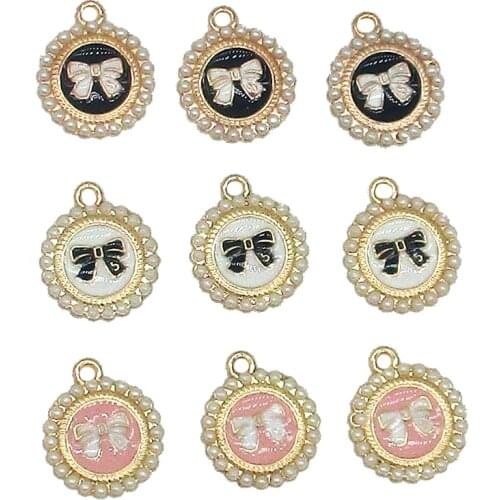 10pcs/lot 15mm Bow Round Pearl Enamel Charms Oil Drop Zinc Alloy Gold-Color Floating Pendant Fashion Jewelry Accessories XL562