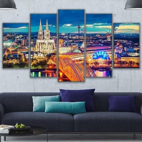 Cologne Cathedral Hohenzollern Bridge Landscape Poster City Lights 5 Piece Wall Art Pictures Canvas Painting Home Decor Bedroom