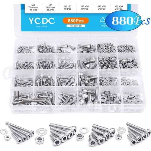 880Pcs M2 M3 M4 M5 Kit Steel Screw Round Cap Head Stainless Assortment Bolts Nuts Allen Hexagon Hex Screw Assortmen Steel Socket