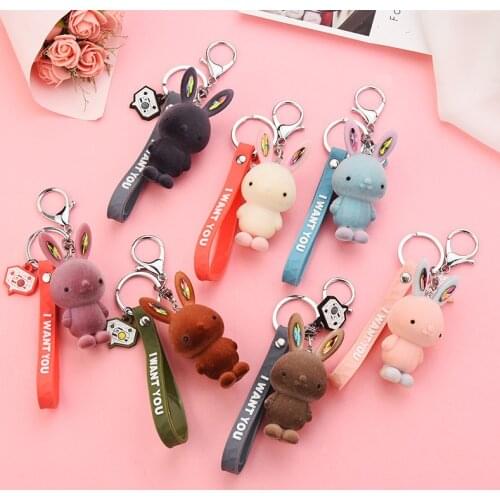 Acrylic Long Ear Flocking Rabbit Keychain PVC Leather Strap Pendant Keyring Accessories Bag Car Decoration Key Holder Gift
