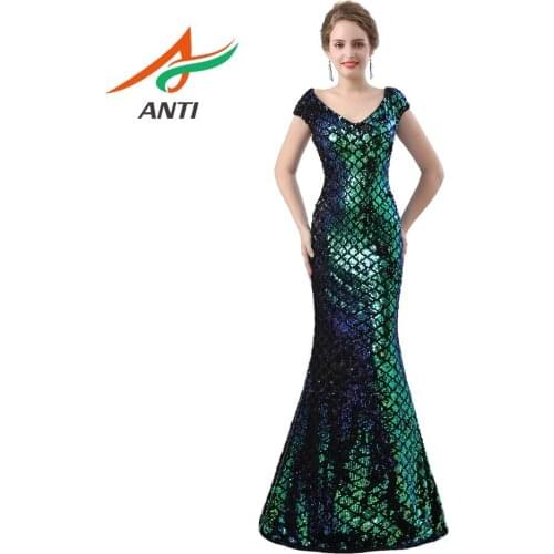 ANTI Sequin Backless Lace Evening Dress Long 2018 Vestido De Festa Robe de Soiree Formal Evening party Trumpet