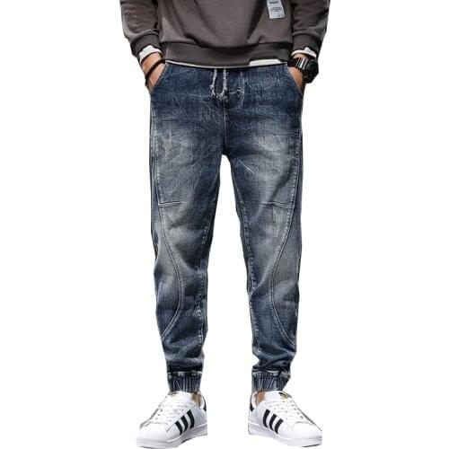 Mens loose jeans drawstring streetwear stretch waist casual jogging blue jeans men