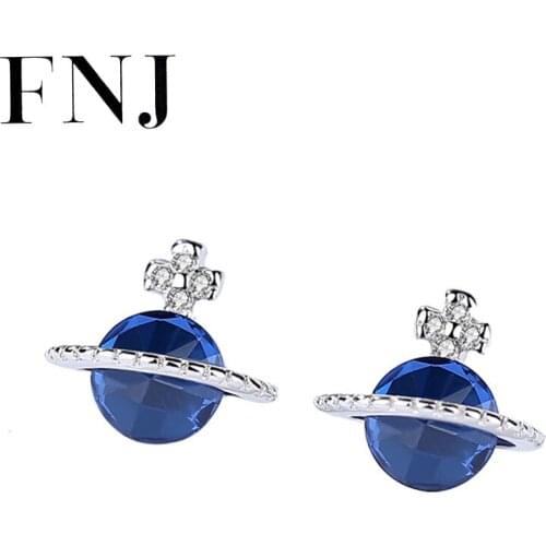 FNJ Blue Planet Earrings 925 Silver Jewelry Original Pure S925 Sterling Silver Stud Earring for Women White Zircon