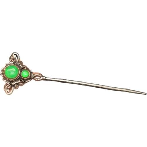China Old Tibetan Silver Emerald Jade Hairpin