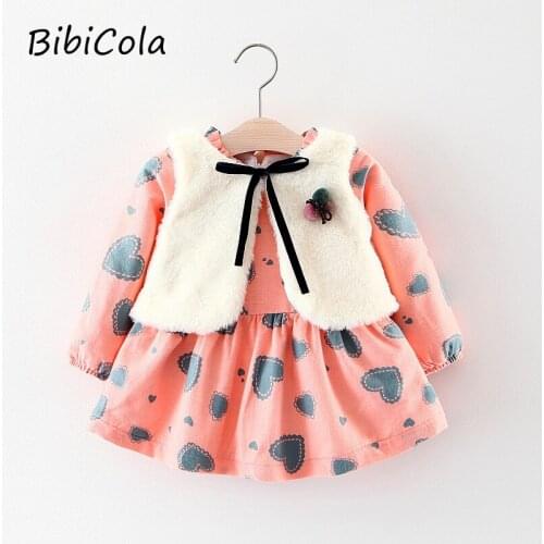 2021 baby spring and autumn new girl baby fashion love thick princess dress + furry solid color vest shawl jacket two-piece suit