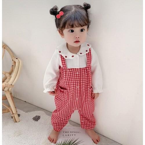 Baby Spring Autumn Clothing Peter Pan Collar Newborn Infant Plaid Baby Girls Cotton Romper Jumpsuit Solid Clothes Outfit 0-2Y