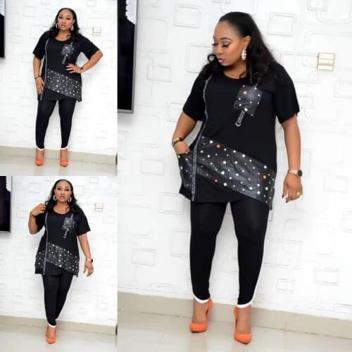 Two Piece Set Africa Clothes African New Dashiki Fashion Dots Black Suit Top Trousers Super Elastic Party For Women Outfits