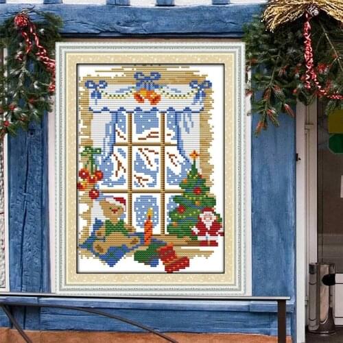 Christmas out of the window Printed Canvas Cross Stitch Kit 11CT Fabric 14CT Canvas DMC Embroidery Needlework Cross-stitch set