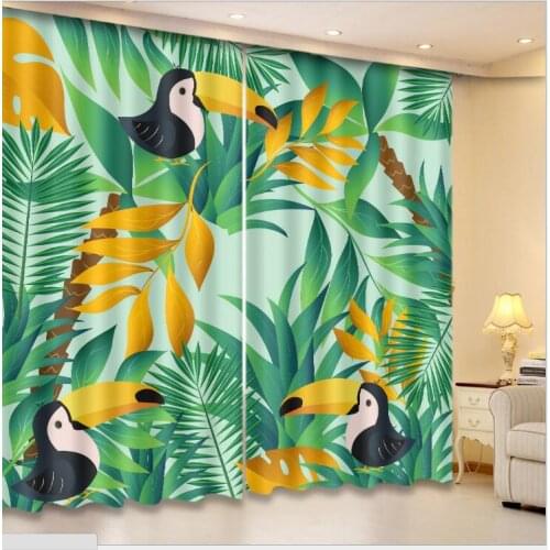 Green leaf bird print Luxury Blackout 3D Window Curtain living Room kids Bedroom decorate Drapes Cortina Rideaux pillowcase