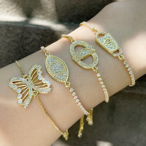 EYIKA Luxury Micro Pave Zircon Evil Eye Bracelet for Woman Gold Color Jewerly Charm Butterfly Ethnic Pattern Adjustable Pulseras