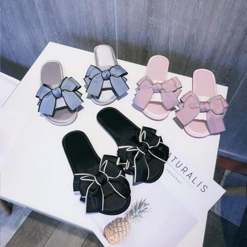 Korea counter new satin womens slippers simple bow fashionable and versatile can be worn outside non-slip home slippers