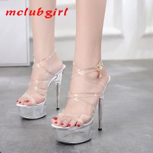 Mclubgirl 2020 34-43 Heel Shoes 15cm Thin Heeled Waterproof Platform Sandals Transparent Crystal Shoes Wedding Banquet LFD