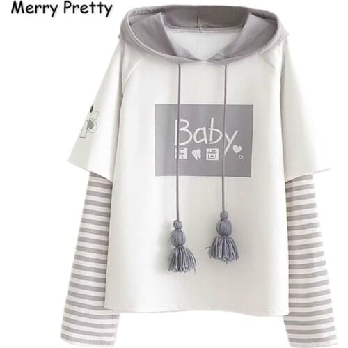 Merry Pretty Cotton Womens Letter Print Striped Patchwork Hoodies Sweatshirts 2021 Spring Long Sleeve Hooded Tracksuit Pullover