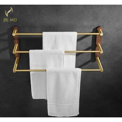 Black walnut bathroom towel hanger Bath towel rack multistory shelf wood towel rod aluminium alloy towel shelf brushed gold
