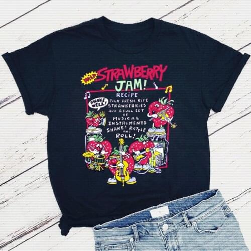 Funny Strawberry Band Cartoon Printed Vintage tShirts For Female Short Sleeve Cotton Loose Tops Plus Size Summer Harajuku Tees