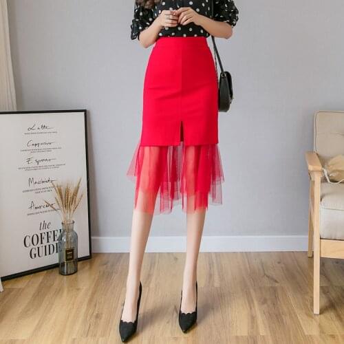 Women Black Pencil Skirt Fashion OL Slim Business Formal Mesh Patchwork Red Mermaid Skirt Plus Size Office Lady Skirts S-5xl
