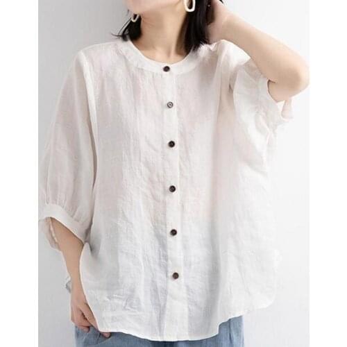 Shirt Button Placket Breathable Vintage Ladies Lantern Half Sleeve Blouse for Work