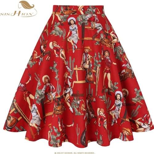 SISHION 2021 New Floral Cowgirls Printed Cotton Vintage Skirt VD0020 Women Clothing Black High Waist Flare Y2K Skirts faldas