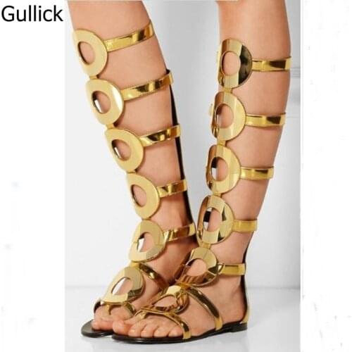 New Arrival Exotic Style Flat Sandal Boots Women Fashion Cut Outs Gold Metal Ring Buckles Design Knee High Summer Sandals Boots