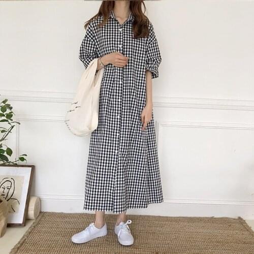 FairyNatural Summer New Casual Plaid Dress For Ladies 2021 Korean Women Loose Turn Down Collar Dresses Single-breasted