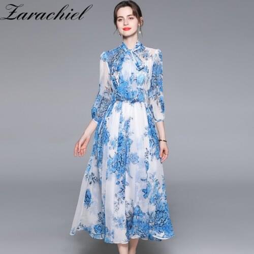 2021 Summer Fashion Runway Vacation Chiffon Dress Women Beach Bow Collar Blue Floral Print Holiday Party Elegant Long Dress