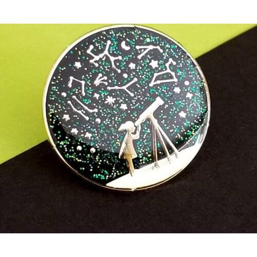 Starry Night Telescope Astronomy Glitter Enamel Brooch Pin Hat Bag Lapel Pins Badges Women Mens Fashion Jewelry Accessories