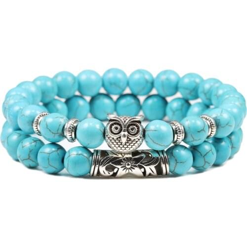 2pcs/set Owl Bracelet Blue Turquoises Bracelets Classic Natural Lava Stone Bead Bangles Charm Men Pulseras Mujer Bijoux Armband