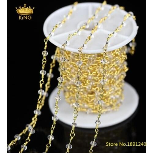 5 Meters/Lot.Golden Plated Wire Wrapped Glass Rosary Chains,White Faceted Rondelle Clear Crystal Glass Beads Chain Jewelry ZJ-77