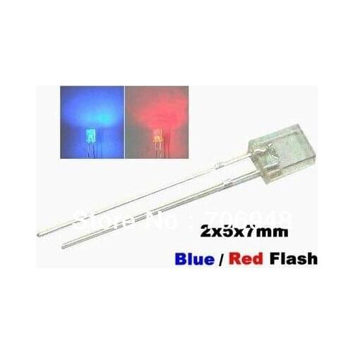 Free shipping 50pcs rectangular led,Blue / Red Flash 2x5x7mm Blink LEDs Free Resistors,good quality