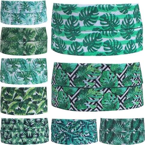 50 yards/lot) Spring season different natural green leaf printed foe fold over elastic for women hair ties