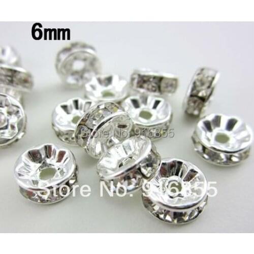 Free Shipping 100pcs/Lot 8mm Rhinestone Rondelle Spacer Metal Loose Beads,Silver Plated With Clear Spacers for Jewelry Making