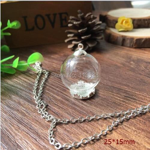 Free shipping 20sets/lot silver 25*15mm glass globe glass global & crown base & cap& necklace set glass vial pendant glass cover