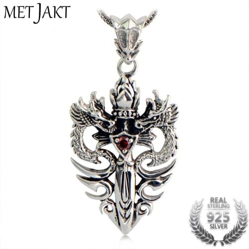MetJakt Punk 925 Silver Double Dragon & Sword Pendant with Ruby and Sterling Silver Snake Chain Necklace Mens Necklace Jewelry