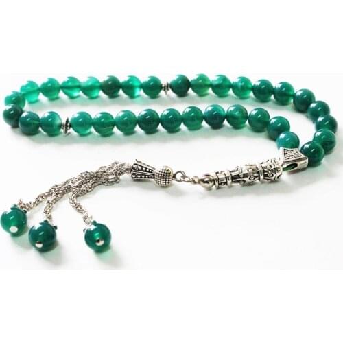 Rosary with Green Agate Stone and 925 Sterling Silver Triple Tassel