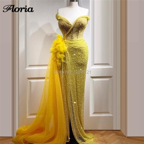 Beading Long Evening Dresses 2020 African Dubai Long Yellow Tulle Party Prom Gowns Sequins Vestidos Festa Turkish Party Dress