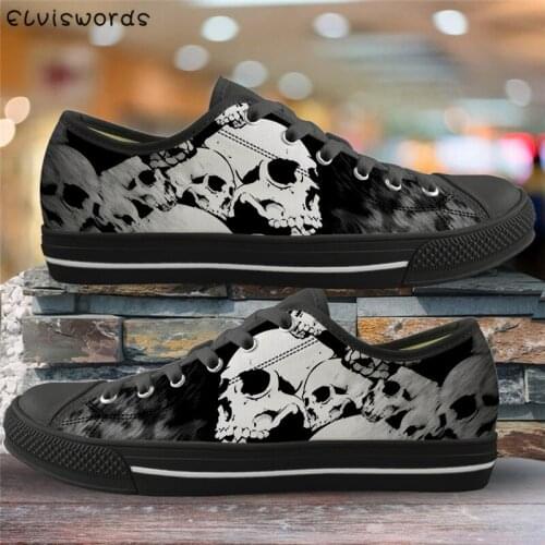 ELVISWORDS Canvas Vulcanized Shoes Punk Skull Head 3D Print Low Top Flats for Women Light Breathable Summer Autumn Sneaker Shoes