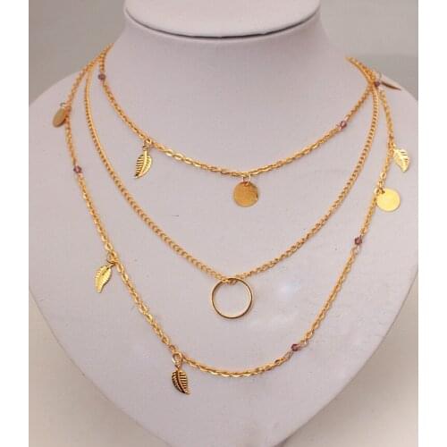 Korean Fashion Personalized Jewelry Multilayer Geometric Necklace Leaf Discs Purple Beads Strand Empty Circular Pendant Necklace